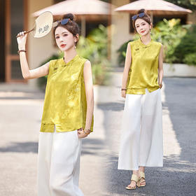 新中式国风时尚洋气，无袖上衣显瘦阔腿裤两件套HR-LYSX2577