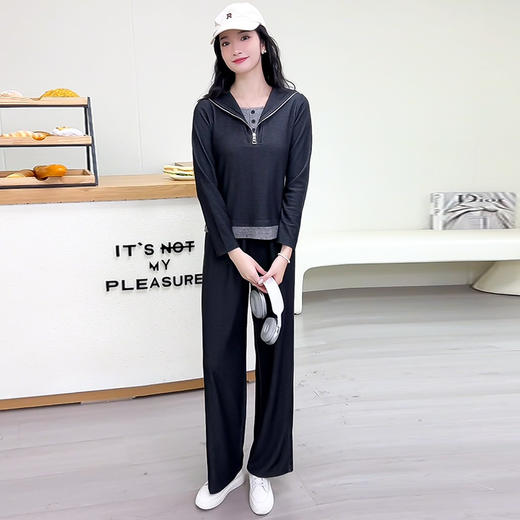 QYM 1C2503-Y运动服两件套连帽长袖小衫上衣+直筒阔腿裤套装 商品图2