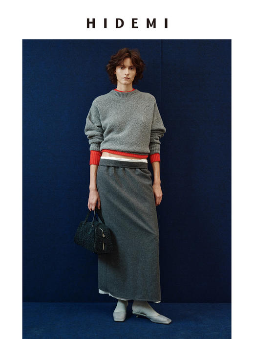 HIDEMI 进口烟灰色初剪羊毛白色边拼接假两件H型半身裙长裙 商品图2