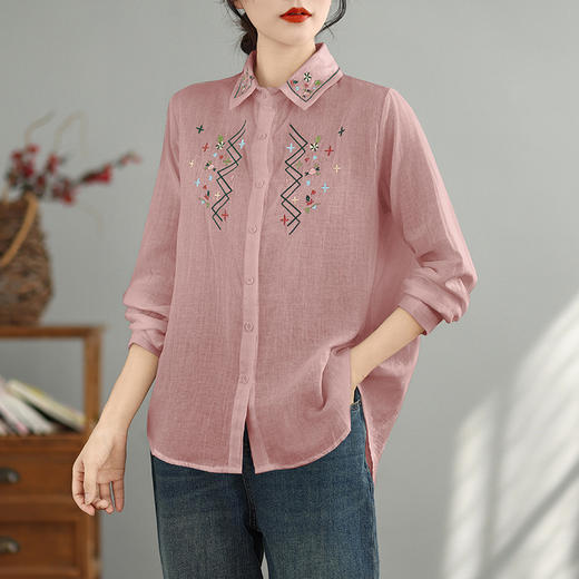 AHM wyss6982碎花刺绣勾花双层纱衬衫时尚翻领宽松上衣 商品图1