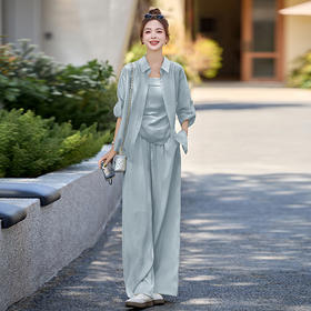 夏日绝美休闲防晒衬衫，洋气减龄显瘦阔腿裤三件套HR-YIZX86509
