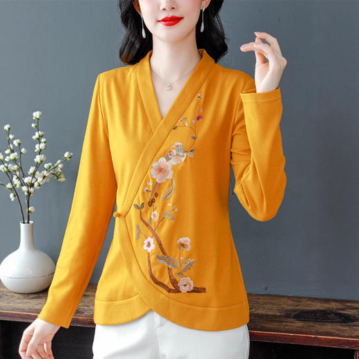 新中式重工刺绣长袖T恤女2025新款民族风女装上衣大码时尚打底衫 商品图2