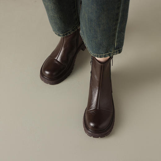 阿么手工女鞋复古侧拉链短靴女休闲2025新款小个子厚底靴子4.5CM 商品图2