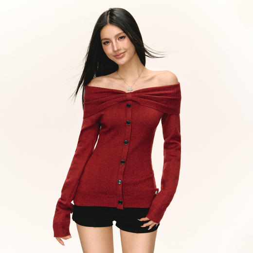 Ariseism 美式复古红色大翻领一字肩毛衣女秋季新款修身露肩上衣 商品图0