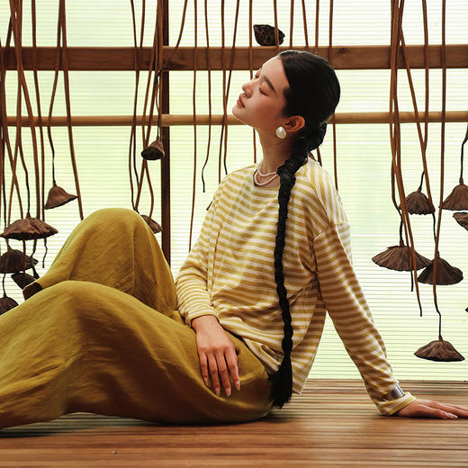 绽放旅行女装126朵/棉针织条纹一字领长袖内搭打底衫T恤女秋新款 商品图1