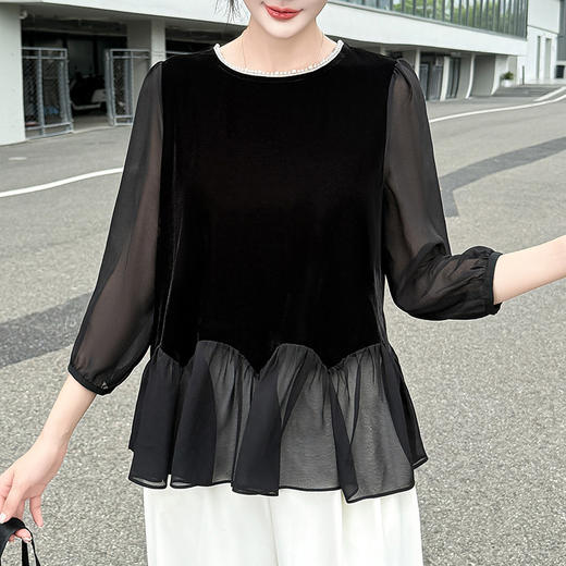 QYM 5908-Y宽松大码上衣褶褶拼接金丝绒小衫 商品图3