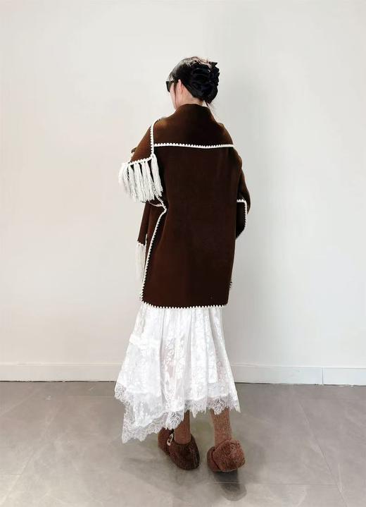 【高端系列】（赠送围巾）手工定制888贝壳绣80%高支澳洲羊毛中长双面尼大衣外套-喜出 商品图7