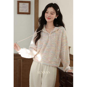 鹿向南「霓虹烬霭」慵懒风彩色条纹连帽卫衣女初秋宽松巨显瘦上衣