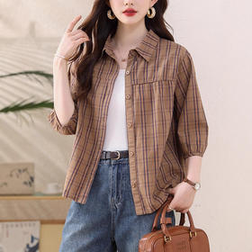 夏装新款女士时尚衬衫中袖上衣女秋夏妈妈装宽松遮肚显瘦棉衬衣潮