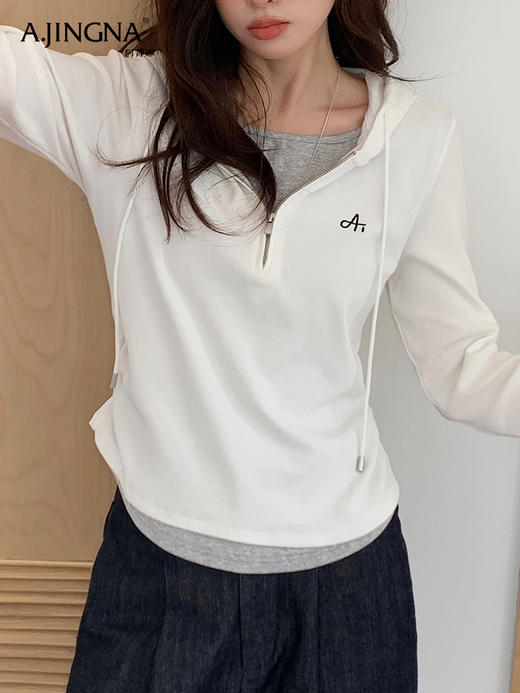 【超值秒杀】阿菁娜俏皮减龄撞色设计百搭假两件连帽衫F30Q302028 商品图1