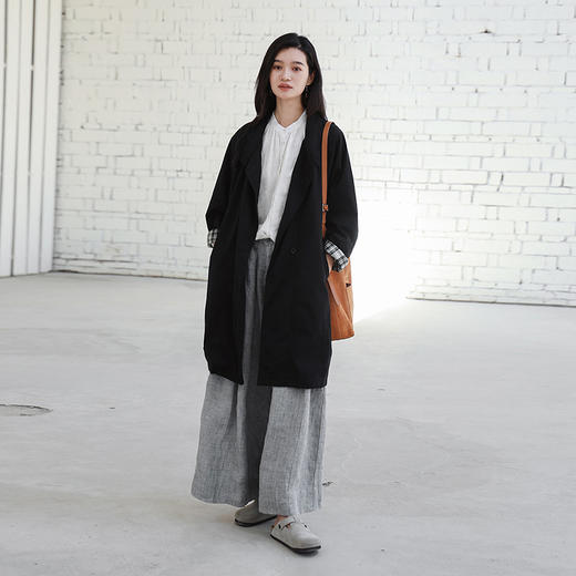 绽放旅行女装522朵/复古时尚格纹拼接立领一手长风衣外套女春秋款 商品图0