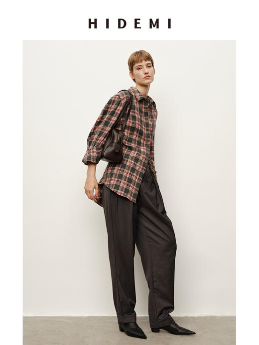 HIDEMI 进口羊毛色织格纹空气感纱线做旧水洗经典宽松知识分子衬衫 商品图5