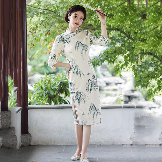 SC21853水墨山水国风中长款改良旗袍2025新款女中式复古修身中长袖春秋装 商品图1