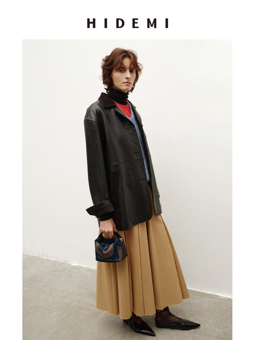 HIDEMI 进口荔枝皮大象纹麂皮领不对称拼接皮西装外套 商品图3