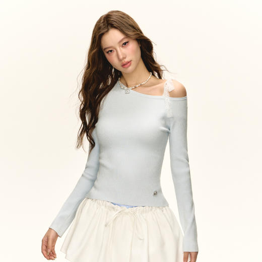 Ariseism 美式复古白色蕾丝绑带长袖针织衫女秋季新款修身上衣 商品图0