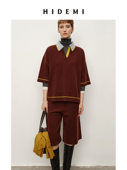 HIDEMI 进口澳洲美利奴羊毛马卡龙拼接撞色polo领中袖中裤针织毛衣套装 polo衫/中裤 商品图2