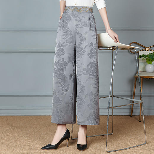 妈妈大码新款提花百搭高腰阔腿裤夏季休闲宽松中老年时尚国风裤子 商品图2