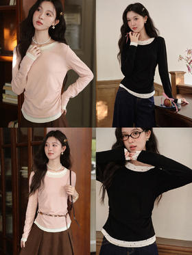 鹿向南「柏林艺术馆」粉色假两件长袖T恤早秋新款修身显瘦上衣女