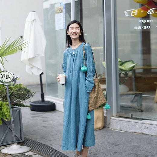 绽放旅行女装500朵/色织亚麻圆领拼花边插肩秋季长袖连衣裙女新款 商品图0