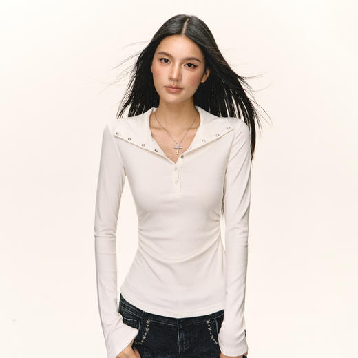 Ariseism 美式复古黑色亨利领长袖t恤女秋季新款修身上衣 商品图3