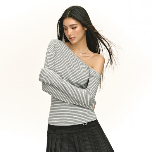 Ariseism 美式复古高级感斜肩条纹长袖T恤女秋季新款修身上衣 商品图1