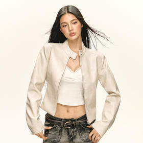 Ariseism 美式复古白色机车服皮衣外套女秋季新款上衣