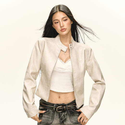 Ariseism 美式复古白色机车服皮衣外套女秋季新款上衣 商品图0