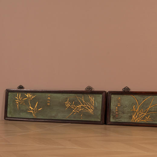 清	红木镶漆地描金竹兰双清图挂屏（一对） 商品图3
