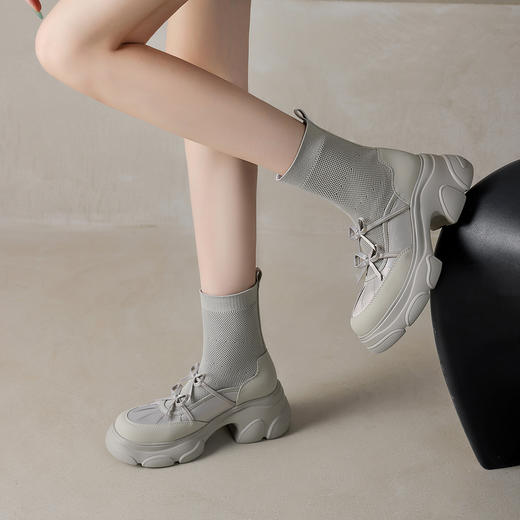 阿么手工女鞋厚底机械针织弹力靴透气甜辣系带机能风袜靴显瘦7CM 商品图3