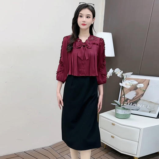 QYM 5A25212-Y蝴蝶结时尚连衣裙时尚拼结假两件连衣裙高腰开衩裙 商品图1