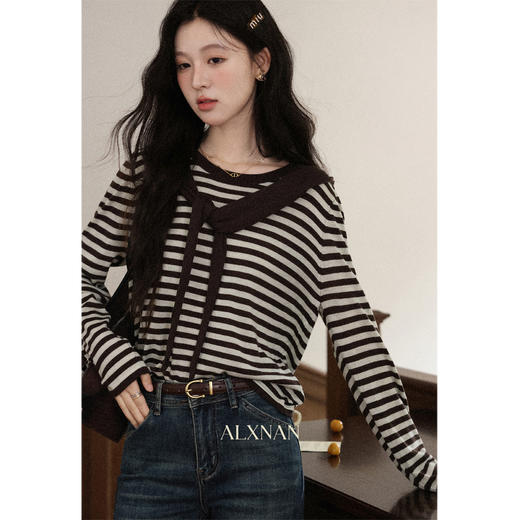 鹿向南「秋枫碎影」条纹长袖圆领针织衫早秋新款气质通勤上衣女装 商品图0