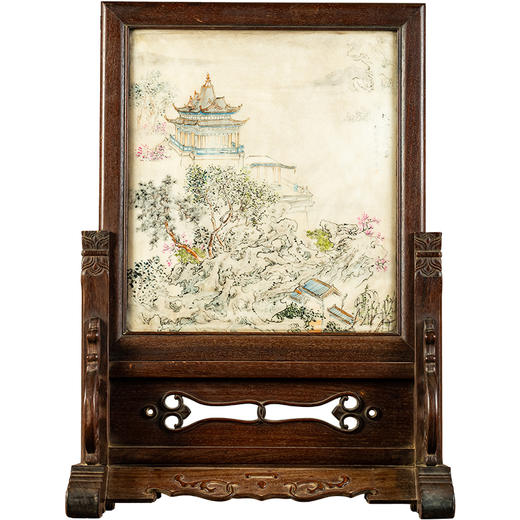 清	红木镶云石彩绘山水楼台大插屏 商品图5