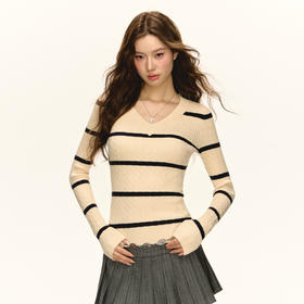 Ariseism 美式复古双色条纹长袖套头毛衣女秋季新款修身上衣
