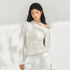 Ariseism 美式复古白色斜肩蕾丝长袖t恤女秋季新款修身上衣