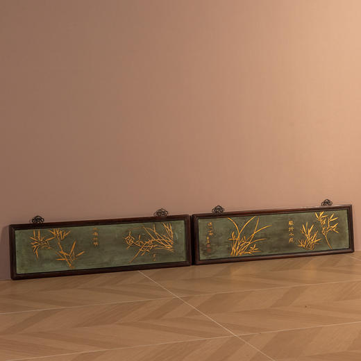 清	红木镶漆地描金竹兰双清图挂屏（一对） 商品图1