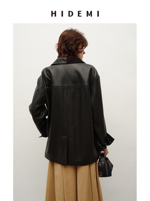 HIDEMI 进口荔枝皮大象纹麂皮领不对称拼接皮西装外套 商品图4