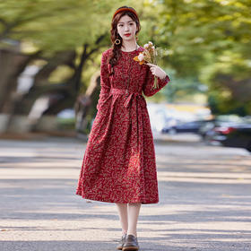 【预售3天】长袖碎花连衣裙秋季2025新款女装气质遮肚子减龄棉麻复古裙子