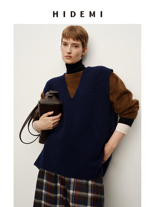 HIDEMI 进口澳洲羊毛圈圈绒夹花混纺纱线v领大廓形多穿马夹背心 商品图4