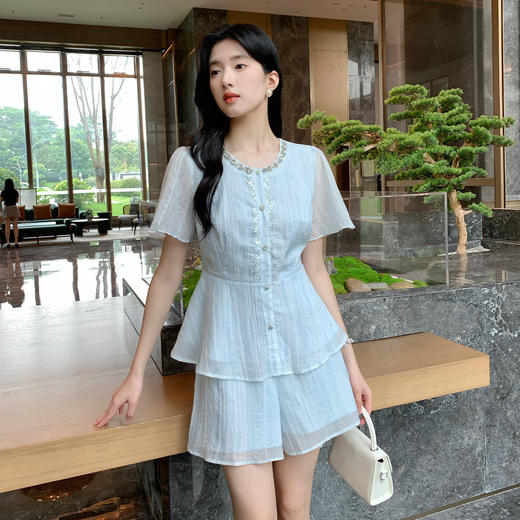 奢姿大码女装2026新款夏季胖妹妹休闲法式衬衫短裤时尚雅致套装9952953467 商品图0