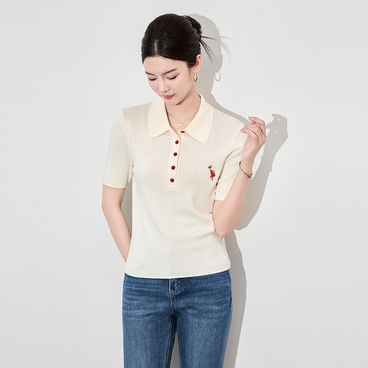 「高货wl」全新升级【铂金会员220/天猫299/差价79】(05735)洛诗琳精致独特法式翻领上衣2025夏季重工刺绣短袖针织衫 商品图0