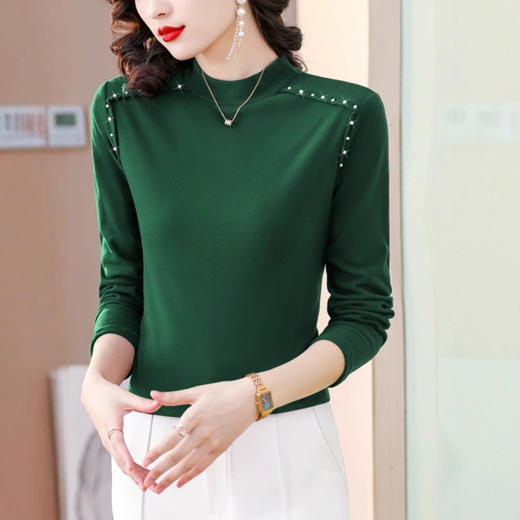 双面德绒打底衫女秋冬新款钉珠加厚磨毛T恤女长袖半高领内搭上衣 商品图2