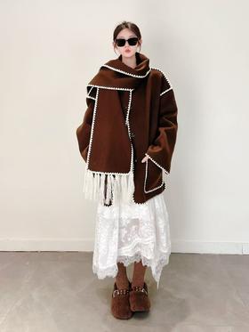 【高端系列】（赠送围巾）手工定制888贝壳绣80%高支澳洲羊毛中长双面尼大衣外套-喜出