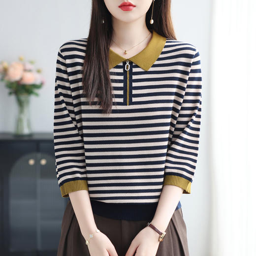 七分袖条纹针织衫毛衣，拉链半开polo领宽松大码洋气上衣CC-10-6398 商品图0