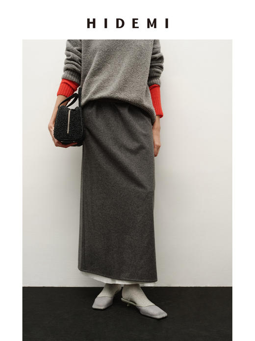 HIDEMI 进口烟灰色初剪羊毛白色边拼接假两件H型半身裙长裙 商品图5