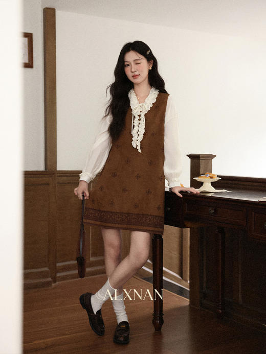 鹿向南「文艺庄园」波西米亚风连衣裙女秋新款无袖短款咖色背心裙 商品图1