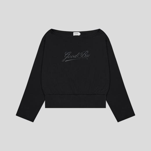 GOODBAI 斜体logo做旧印花露肩领宽松短款长袖T恤 商品图3