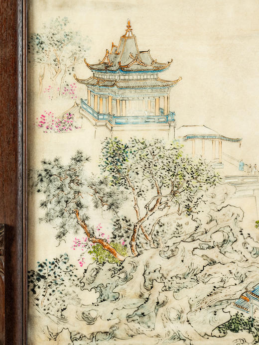 清	红木镶云石彩绘山水楼台大插屏 商品图3