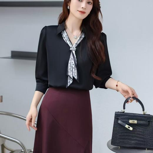 「自」全新升级【铂金会员146/天猫199/差价53】(02217)洛诗琳法式优雅V领衬衫2025秋季新款气质飘带雪纺上衣女 商品图2