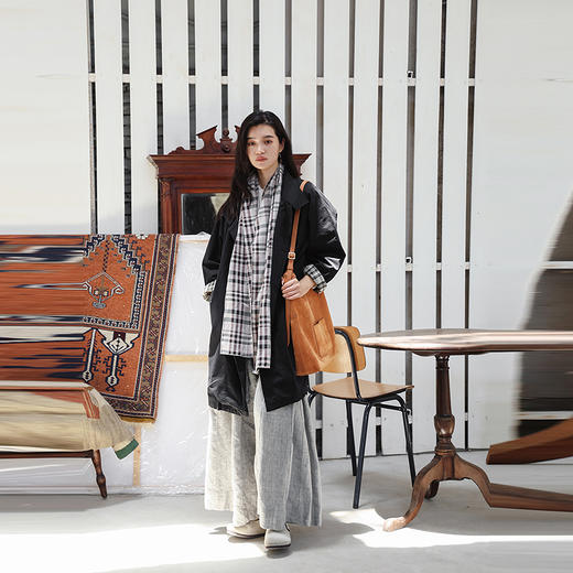 绽放旅行女装522朵/复古时尚格纹拼接立领一手长风衣外套女春秋款 商品图2