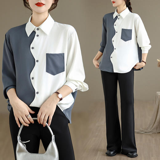 AHM wyss7306撞色POLO领洋气衬衫显瘦时尚休闲上衣 商品图3